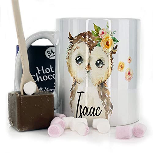 Hairyworm Personalised Mug and Belgian Milk Chocolate/Hot Chocolate Stirrer Marshmallow Gift Set, Custom Name (11oz) Thank You, Love You, Happy Birthday Mug with Owl Yellow Flowers Design