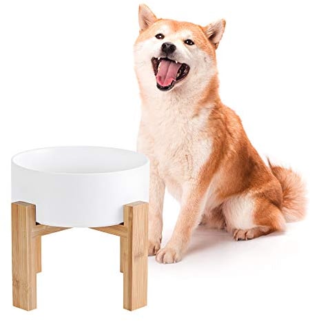 Gamelle surélevée en céramique pour Chien - Gamelle pour Eau et Nourriture avec Support en Bambou - Idéale pour Chiens de Taille Moyenne à Grande - Diamètre de 21,5 cm - 1800 ML - Gris