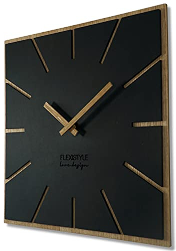 FLEXISTYLE Moderne große Wanduhr quadratisch Holz Exact ECO, Stille, Wohnzimmer, Schlafzimmer, Made in EU (Schwarz, 40 cm)