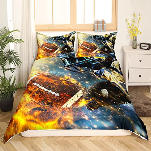 Sunnybed American Football Bettbezug für Jungen 135x200,Ball Games Sport Bettwäsche Set Fußball Athlet Kinder Teens Männer Schlafzimmer,Gold Fire Flame Style mit 1 Kissenbezug, 135*200+80*80*1