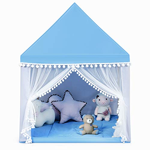 DREAMADE Kinderspielzelt Spielzelt für Kinder mit gepolsterter Decke & Fenstern & Holzrahmen, Kinderspielhaus, Tipi Zelt, Kinderzelt für drinnen, für Jungen & Mädchen (Blau)
