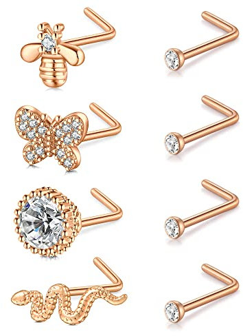 VF VFUN 20G Or Rose Piercing Nez Anneaux Avec Diamante Cz Stud Forme L Piercing Nez Acier Chirurgical Piercing Nasal