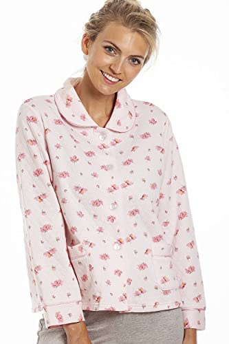 Camille Womens Lightweight Mock Quilt Bed Jacket - Luxury Floral Collared Soft Feel Sleep Top - Button Up & Long Sleeved Pink 22-24
