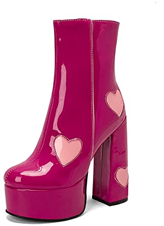 SGZJGBYH Stivaletti da donna con suola spessa con tacco super alto e punta a mandorla, a forma di cuore in pelle verniciata tacco spesso piattaforma moda casual stivaletti, Rosso, 42 EU