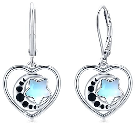 Stern und Mond Ohrringe 925 Sterling Silber Mondstein Ohrringe Mondstein Herz Leverback Ohrringes Schmuck Geschenke Weihnachts für Frauen Mädchen Damen