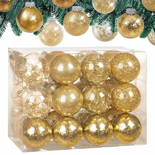 CASARIA 24 Clear Fillable Christmas Baubles with Decorative Fill Included | Customisable Clear Ornaments in Gold Rose Pink or Red for Xmas Trees Halloween Wreaths Garlands and Festive Home Displays