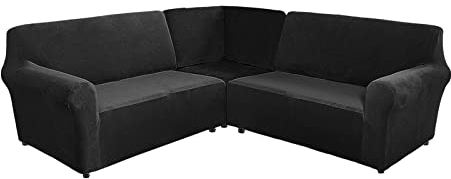 TIUTIU L-Form Sofahusse 5/7-Sitzer Eckcouch Cover, Elastischer Ecksofabezug Mit Anti-rutsch Schaumstoffankern, 3-teilige Dicker Plüsch Samt Schonbezug (Black,7-Sitzer)