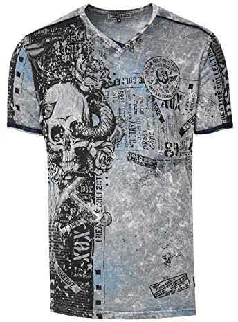 Herren T-Shirt All Over Skull X Snake X Rose Print Wildleder-Band Knopf-Verzierung V-Neck Stretch Streetwear Used-Look Shirt 293