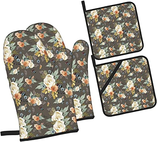 Gants de Four et maniques Ensembles 4 pièces, Western Autumn More Florals Taupe Gants de Four antidérapants résistants à la Chaleur pour la Cuisine