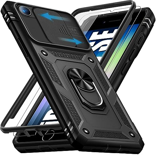 Giyer iPhone SE 2022/2020 8 7 Hülle Mit Schutzfolie, Kameraschutz, 360° Metall Ring Ständer, Stoßfest Bumper Schutzhülle Case Cover Tache (Schwarz)