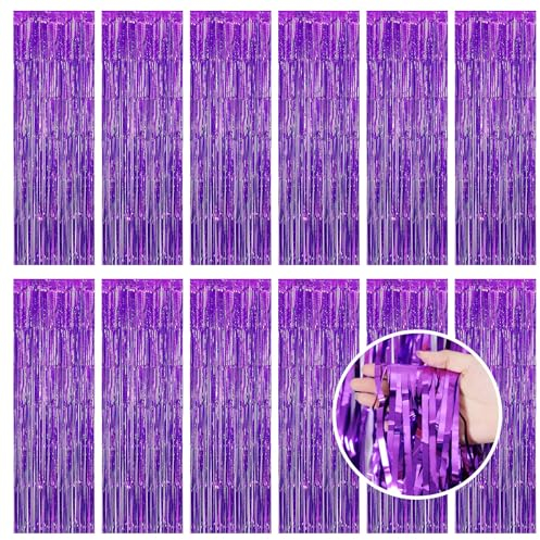 Lametta Vorhänge Hintergrund Lila, 12 Stück Glitzer Folie Fransen Luftschlangen Funkeln Vorhängen Dekoration Foto Hintergrund für Geburtstag Weihnachten Neujahr Hochzeit Disco Party, 1x2.5m