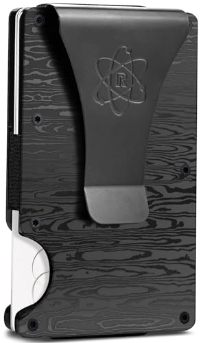 ROSSM Men's Wallet with RFID Protection - Carbon Fibre & Metal Card Holder with Money Clip & Elastic Band - Slim Wallet, Black Damascus