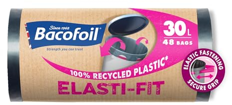 Bacofoil Elasti-Fit Bin Liners - 30L Recycled bin bags, 4 Rolls (48 Bags) - Leak-Proof, Elastic Fastening for Secure Fit - Made from 100% Recycled Plastic - Eco-Friendly Waste Disposal.