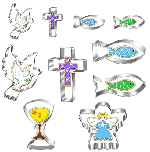 UKoosien Lot de 10 Emporte-pièces en Forme de Colombe, Poisson, Ange, Croix, Calice pour Décoration de Baptême Chrétienne