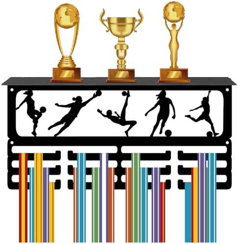 CREATCABIN Porta Medaglie da Calcio per Donna Scaffale per Trofei Appendiabiti per Medaglie con Supporto per Mensola Sport 4 Supporto A Parete per Contenere 70+ medaglie per Femminile 40x20x10cm