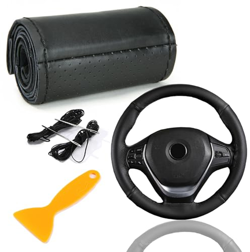 Echtes Leder Lenkradbezug, Lenkradbezug Zum Nähen, Lenkradbezug Leder Universal Passform 37-39 cm Autolenkräder, Zweifarbiger Lenkradbezug aus Leder (schwarz, Schwarze Linie)