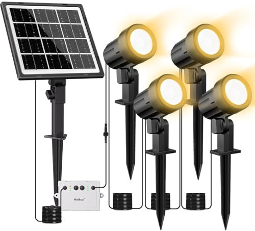 MEIHUA Solar Spot Lights Outdoor Garden, 4 in 1 Solar Landscape Spotlights 2700K Warm White, IP66 Waterproof Fence Spike Light for Garden Yard Lawn Tree Statue