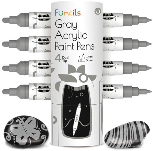 4 Dual Tip Graue Metallic Acrylmarker - Feine & Mittlere Spitzen - Graue Stifte für Metall, Holz, Leinwand, Stein, Keramik, Glas, Stoff, Kunststoff - Wasserbasierte, Schnelltrocknende Tinte