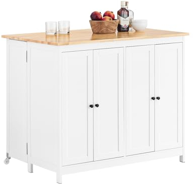 SoBuy Aparador de Almacenamiento con Encimera Isla de Cocina Múltiple con 4 Puertas 2 Estantes y 2 Ruedas 107 x 76 x 92 cm Blanco KNL10-WN ES