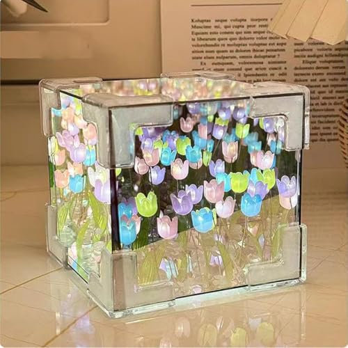 Blossom Box, DIY Tulips Cube Mirror Lamp, Tulpen Lampe, DIY Tulpen Nachtlicht Tulpe Lampe, Spiegel Blumen Nachtlicht, LED Tulpen Nachtlicht, Würfel Tulpenspiegel dekorative Tischleuchte (Farbe)