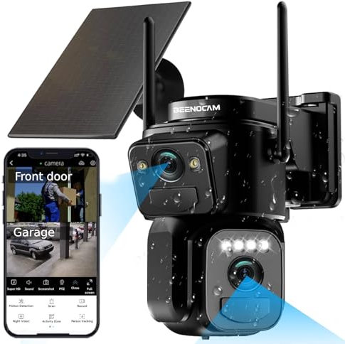 BEENOCAM Dual Lens 4K Solar Security Camera Wireless Outdoor, 2.4g & 5g WiFi, 360°PTZ Rotating Cam and 110° Fixed Cam 2-in-1 for Home Security with Color Night Vision,2-Way Audio, Light Alarm, IP66
