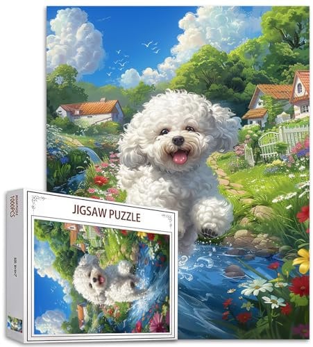 Tucocoo Country Village Bichon Jigsaw Puzzles for Adults 1000 Pieces, Flower Garden River Dog Running Art Puzzle Colorful DIY Puzzles for Home Decoration Gifts, Family Puzzle Perfect for Game Nights