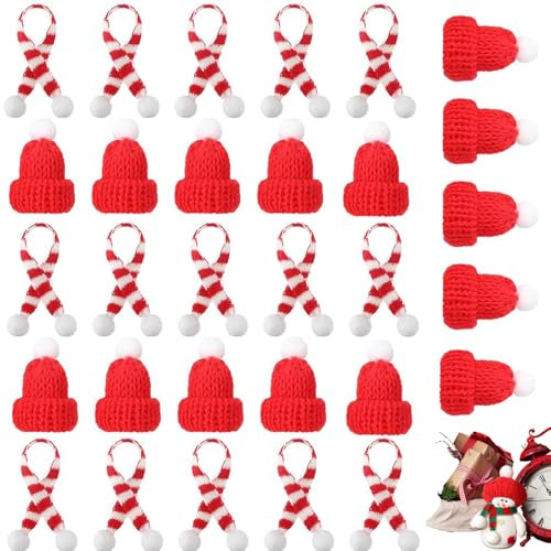 ARROMI 30 Stück Kleine Weihnachtsmützen, Mini-Strickmützen des Weihnachten, Nikolausmützen Klein für Weihnachten, Weihnachtsfeiern - Rot