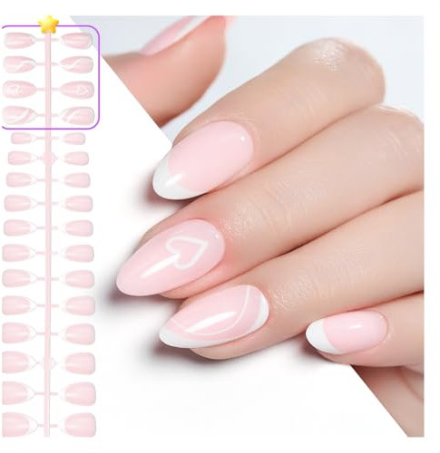 Gelike ec Press On Nails - Gel Faux Ongles à Coller Français Court en amande pour la qualité du salon, Couleur Rose Clair Capsule Americaine Ongle 160pcs 12 tailles (français avec design)