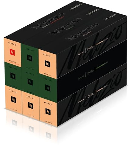 Nespresso Vertuo Coffee Pods, 90 Mixed Pack od Stormio & Melozio | 40 Melozio, 30 Stormio and 10 Melozio Decaf pods. Make Espressos, Cappuccino, Lattes and Iced Coffee at home.
