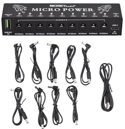 Btuty Ultraligera Fuente de Alimentación para Pedal de Guitarra, 10 Salida Aislada/Protección Independiente contra Cortocircuitos/LED/Adaptador/Cables de Alimentación para Pedal de Efecto de 9V