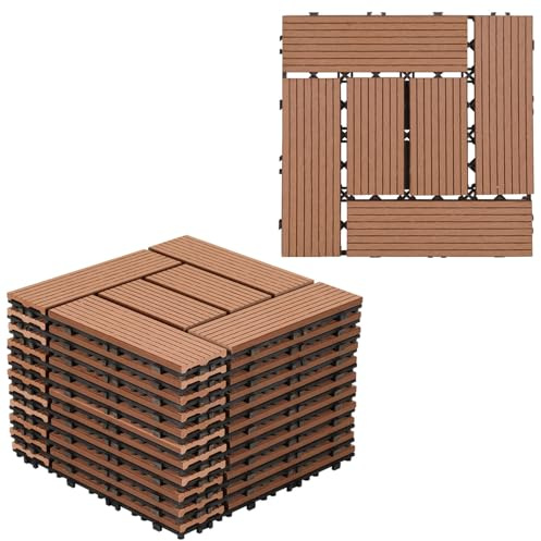 Gimisgu WPC Terrassenfliesen, 30x30cm WPC Fliesen 110er Set für 10 m² Balkonfliesen Klickfliesen mit Klick-System, Bodenbelag für Balkon Terrasse, Wetterfest mit Drainage, Braun