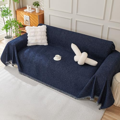 Royhom Sofa Überzug Chenille, Sofabezug L Form, Couch Überzug Ecksofa, Sofaüberwurf 2 Sitzer, Couch Überwurf mit Deko Quasten, Blau Sofa Überwurf(Navy, 180x300cm)