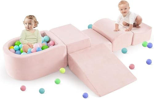 Kids Soft Play Set, Baby Foam Climbing Blocks with Ball Pit, 5pc Toddler Climb and Crawl Block Activity Structure Indoor (Pink)