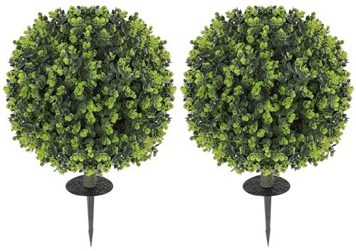 HOMCOM Set di 2 palline artificiali di bosso, 56 cm, pianta artificiale con picchetto, piante artificiali in plastica, come decorazione con protezione UV per soggiorno, camera da letto, ufficio