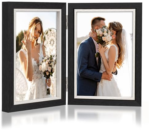 AVEAX Doppelter Bilderrahmen 10x15 cm, Bilderrahmen Aufklappbar mit Glas, Desktop-Ständer für 2 Fotos, Perfekt für Familie, Hochzeitsgeschenke, Schwarz