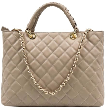 Modarno Tasche mit geflochtenem Griff aus echtem Leder gesteppt von Hand und Schulter 33 x 14 x 24 cm, Helles Taupe