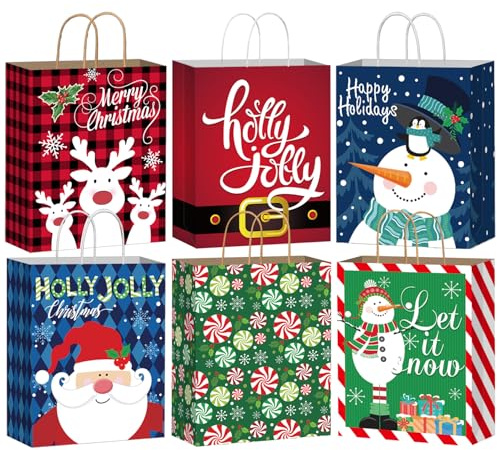 DECHISY 12 Stück Geschenktüten Weihnachten, Weihnachtsgeschenktüten mit Griffen, 6 Designs, 23 x 18 x 10 cm, perfekt für Weihnachts- und Neujahrsdekorationen