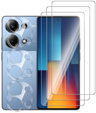 Pcircb [3+3 Protector de Pantalla para Xiaomi POCO M6 Pro 4G​,3 Piezas Cristal Templado y 3 Piezas Protector camara,[Sin Burbujas] [30H Dureza],HD Cristal Vidrio Templado