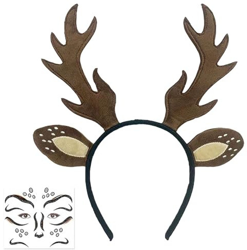BOGCLEE Karneval Kostüm Damen, Rentier Haarreif, Reh Haarreif Geweih Hörner Rehohren mit Hirschgesicht Tattoo, Geweih Stirnband für Fasching Mottoparty Cosplay