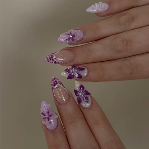 24PCS False Nails Almond - Elegant Purple Flowers French Tip False Nails Short - Press on Nails Short in 12 Sizes - Full Cover Ballerina Acrylic Nails with Nail File & Nail Sticky Tabs
