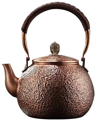 Bollitore per il tè in rame, bollitore in rame rosso da 1500 ml con manico antiscivolo, teiera martellata vintage, tè con fori per filtro per piano cottura