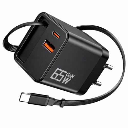 65W USB C Ladegerät 3Port GaN Netzteil Schnellladegerät mit Einziehbarem Kabel Retractable Charger mit Magnetischem Kabelhalter für MacBook Pro/Air, iPhone 17-12, Samsung Galaxy S25/S24, iPad