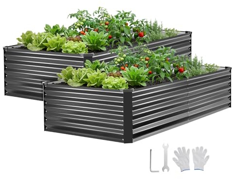 VEVOR Potager Surélevé Métal 203x102x46 cm Carré Potager Surélevé Lot de 2 Lit de Jardin Rectangulaire pour Culture de Légumes et Fleurs, Fond Ouvert, Galvanisé Aluminium-Zinc, avec Gants, Gris Foncé