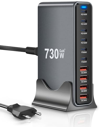 Chargeur GaN Desktop 730W, Station de Charge Rapide 10 Ports | Port USB-C Monocible 140W Max(6 USB-C + 4 USB-A), pour MacBook Pro/Air, iPhone 16/15, Samsung, Dell XPS, HP, Tablettes