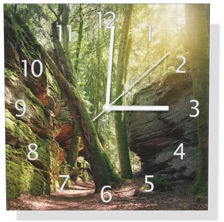 Wallario Design Wanduhr Moosbewachsener Waldpfad im Sonnenlicht aus Aluverbund, Alu-Uhr Größe 30 x 30 cm, weiße Zeiger mit Metalloptik