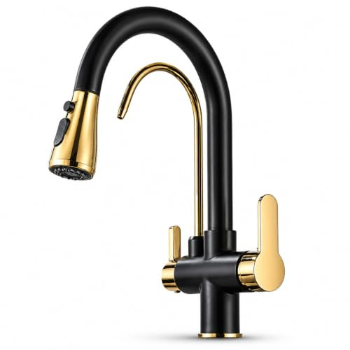 Ari 3-Wege Küchenarmatur Mit Ausziehbarer Brause Wasserhahn Küche Spültischarmatur Mischbatterie Schwarz Gold 360° Drehbar Zwei Strahlarten Nordic