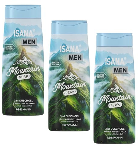 3 er Pack ISANA Men 3in1 Duschgel Mountain Peak | 3 x 300 ml | mit herb-frischem Duft