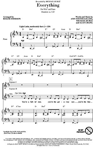 Hal Leonard Everything SSA by Michael Buble Arranged by Roger Emerson