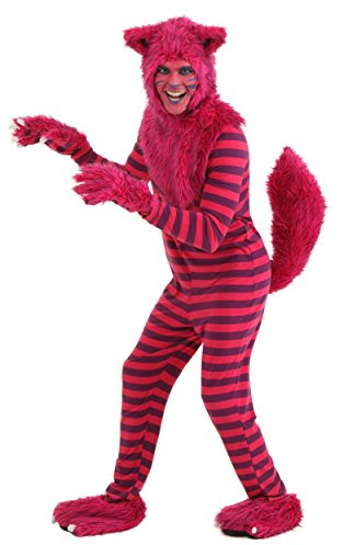 Adult Deluxe Cheshire Cat Costume, Mischievous Wonderland Cat Bodysuit With Faux Fur Hood, Pair Of Mitts, And Pair of Slippers