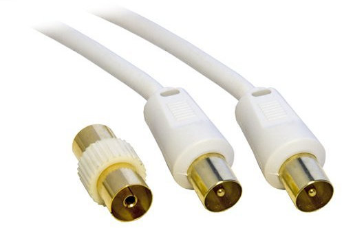 5M Metre TV VCR Video Aerial Coaxial Fly Lead / Cable Male to Male White + Female Coupler - Gold